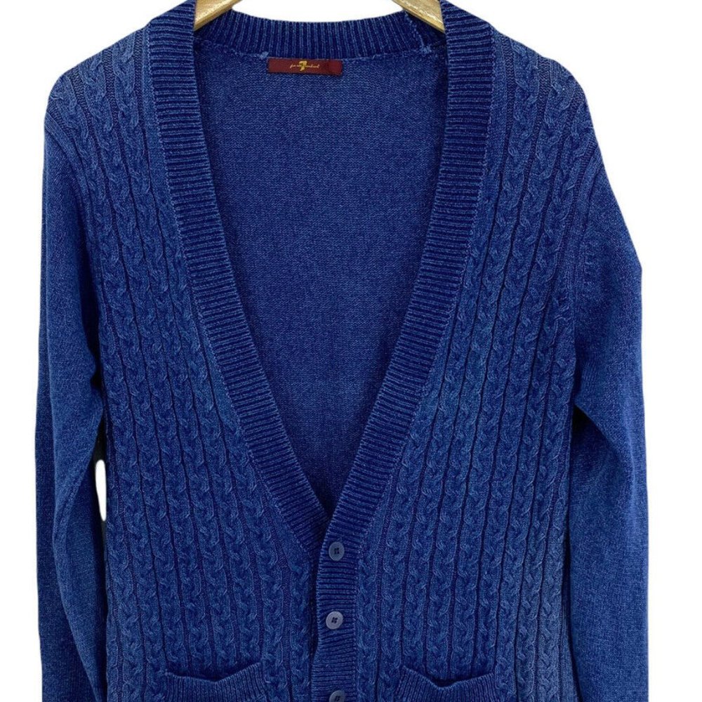 Men’s 7 For All Mankind Blue Cable Knit Grandpa Sweater Cardigan Cotton Medium